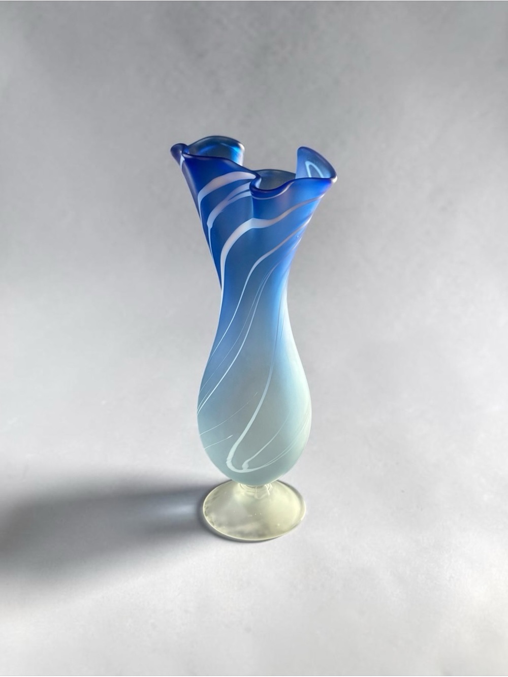 Mid-century Murano hand blown blue & white ruffle top vase